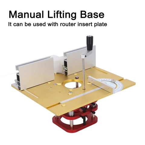 Beefy Pro Grade Manual Lifting Router System Kit With Four Jaw Clamps, Adjustable Router Table Lift For 64-66mm Motors, Durable Router Table Saw Insert Base Plate For Woodworking And Small Trimming Tasks, gold plate with red base