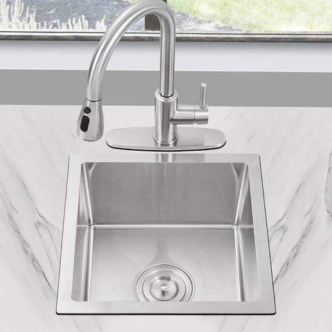 Undermount 18 Inch Bar And Prep Sink With Single Bowl, 18 Gauge T304 Stainless Steel, Quiet Sound Dampening, faucet and strainer