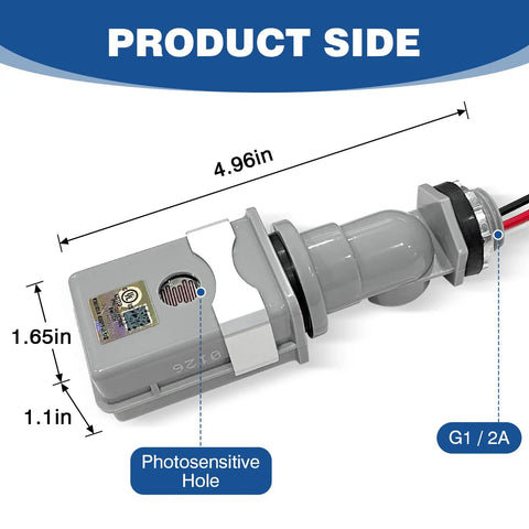 Side view of Outdoor Photoelectric Sensor Switch with label showing dimensions and photosensitive hole