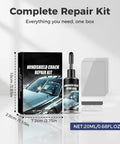 Complete Windshield Crack Repair Kit with repair liquid, applicator, and instructions for chips and cracks in auto glass.