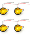 Four yellow motors with black wheels and leads, part of the Dope Four Pack Motors With Leads 3 To 6V DC Gearbox Dual Shaft 90 To 200 RPM 1 To 48 Gear Ratio Wheel Kit For Arduino DIY Smart Car Robot Educational Projects And Hobby Robotics.