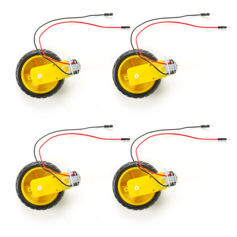 Four yellow motors with black wheels and leads, part of the Dope Four Pack Motors With Leads 3 To 6V DC Gearbox Dual Shaft 90 To 200 RPM 1 To 48 Gear Ratio Wheel Kit For Arduino DIY Smart Car Robot Educational Projects And Hobby Robotics.