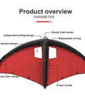 Red Inflatable Windsurf Wing with clear window, polyester with TPU coating, product overview with labels for windsurfing durability