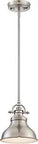 Emery 1-Light Brushed Nickel Mini Pendant Light with metal shade, classic ceiling fixture for sloped ceilings, front view