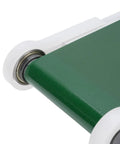 Close-up of Mini Electric Conveyor Belt With Adjustable Speed 0-116 RPM PVC Belt Compact Automation Tool edge and roller