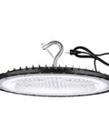 Blazing Bright 300W UFO Led High Bay Light With 5000K Daylight And 45000 Lumens, black aluminum design with hanging hook and power cord.