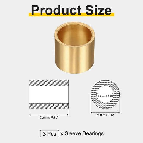 3 Pack Sleeve Bearings With 25mm Bore 30mm OD And 25mm Length Self Lubricating Sintered Bronze Bushings For Heavy Duty Use, wide view with 25x30x25mm size diagram
