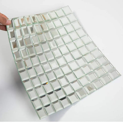 Mirror Glass Mosaic Tiles 12x12 Inch Beveled Five Face Silver Crystal Backsplash For Kitchen And Bathroom Seamless No Grout Required Mesh Backing Five Sheets Per Box close-up of one sheet