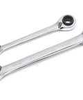 QuadBox Reversible Ratcheting Metric Wrench Set 2 Piece With 12 Point Dual End Sizes Quick Metric Fastening Smooth Socket Access Built Tough Pros DIYers, shown in chrome finish