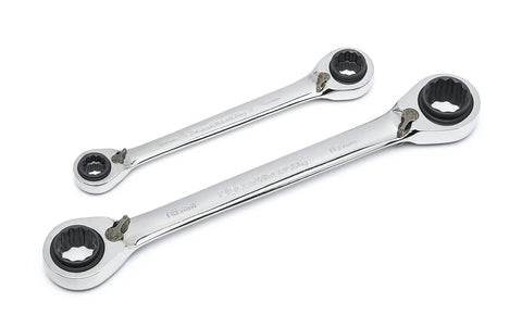 QuadBox Reversible Ratcheting Metric Wrench Set 2 Piece With 12 Point Dual End Sizes Quick Metric Fastening Smooth Socket Access Built Tough Pros DIYers, shown in chrome finish