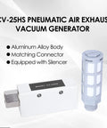CV-25HS pneumatic vacuum generator and silencer; aluminum body, gray components, two items.