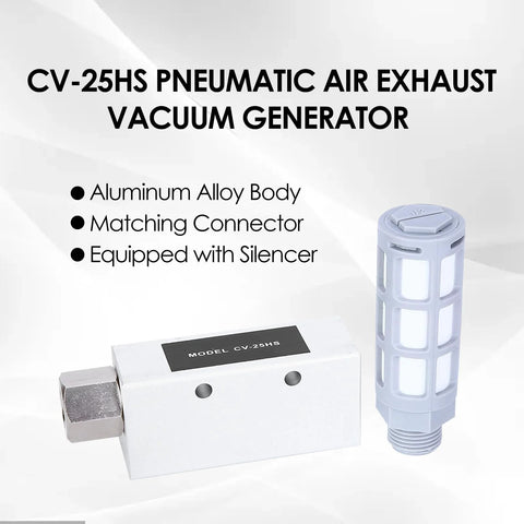 CV-25HS pneumatic vacuum generator and silencer; aluminum body, gray components, two items.