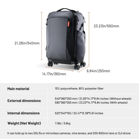 2-In-1 Roller Camera Backpack For Travel Photographers Go-To Gear with dimensions and material specifications chart