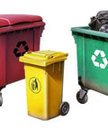 Colorful plastic trash bins for waste and recycling collection.