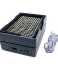 No Sweat Automatic Screw Feeder Tool That Safely Organizes One To Four Millimeter Bolts Quick Using Auto Vibe Sort Motor, gray unit with power button.