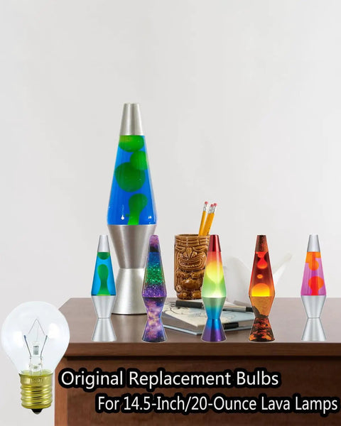 25 Watt Replacement Bulbs For 14.5-Inch Lava Lamps, displayed with various colored lamps on a desk