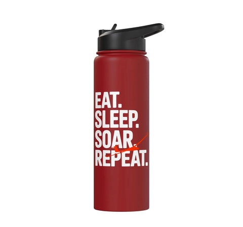 Red Glider Pilot Stainless Steel Insulated Water Bottle For Sailplane Enthusiasts with white text design, side view.
