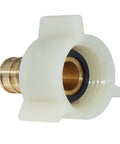 Four Pack PEX Fittings With Brass Swivel Adapters One Half Inch Female NPT Thread Crimp Fittings For PEX Tubing And RV Faucets DIY Friendly Install Works With Clamp Rings Or Copper Crimp Rings No Tools Needed brass adapter close-up