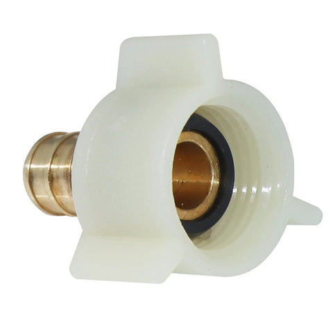 Four Pack PEX Fittings With Brass Swivel Adapters One Half Inch Female NPT Thread Crimp Fittings For PEX Tubing And RV Faucets DIY Friendly Install Works With Clamp Rings Or Copper Crimp Rings No Tools Needed brass adapter close-up