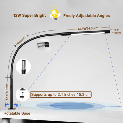 Swing Arm Desk Lamp With Remote Eye Care Gooseneck LED Clamp Light Dope Brightness And Color Temperature Memory Function And Timer Low Glare 12W Black showcasing adjustable gooseneck and clamp mount.