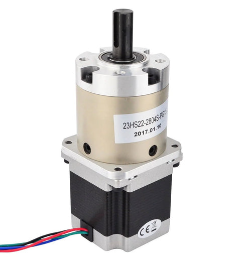 Front view of a NEMA 23 stepper motor with a 15:1 planetary gearbox, silver and black, four-wire cable visible.