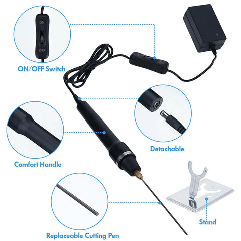 3 In 1 Foam Cutter Kit With Hot Wire Knife And Bow Cutter Pen showing components including handle, replaceable pen, and stand.