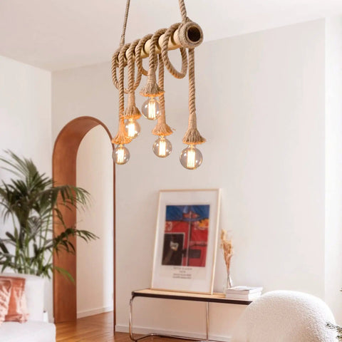 Five Heads Vintage Bamboo Chandelier With Hemp Rope Pendant Light Fixture for Bedroom Rustic Industrial Decor in Restaurants 