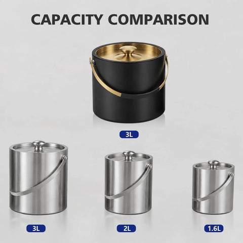Capacity comparison of 3.2 Liter Double Wall Stainless Steel Ice Bucket With Silicone Lid Scoop And Strainer Insulated Ice Bin