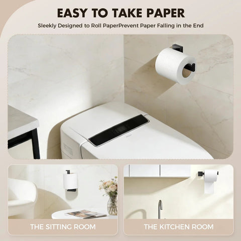 Matte Black toilet paper holder from 5 Piece Bathroom Hardware Set, wall-mounted in a modern bathroom, showcasing rust resistant durability.