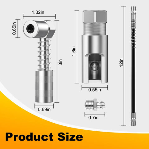 90 Degree Grease Coupler Set With Slotted Right Angle Combo And 12 Inch Spring Flex Hose For Extra Reach In Tight Spaces Pro Grade Lubrication Tool Built For Hard To Reach Jobs, showing dimensions of components including right angle coupler and 12-inch hose.