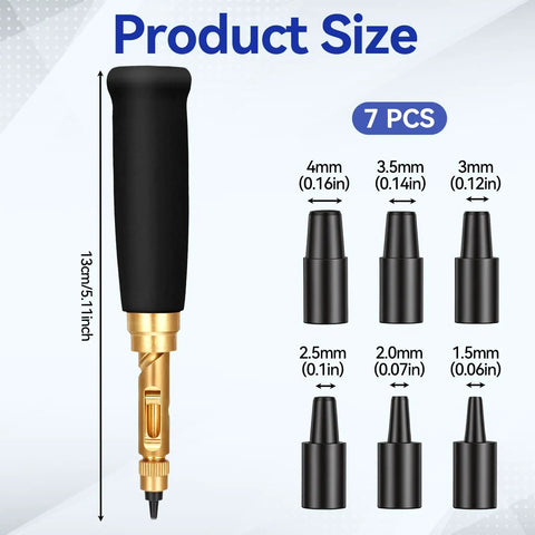 Adjustable Heavy Duty Leather Hole Punch Set With Sturdy Wooden Handle And Six Precision Brass Tips For Belts Paper Crafting And Bookbinding Crafters Absolutely Love This Slick Tool, showing size and tips.