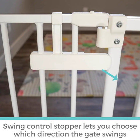 Ninja Level Heavy Duty Auto Close Baby Gate Featuring Hella Low Half Inch Threshold with adjustable swing control stopper.
