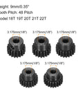 Beefy Hardened Steel RC Pinion Gear Set 18T 19T 20T 21T 22T For 3.175 mm Shaft, 48 Pitch, 9mm Height, five gears with labels.