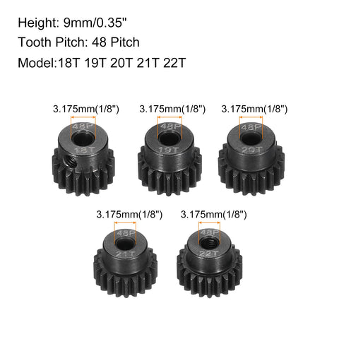 Beefy Hardened Steel RC Pinion Gear Set 18T 19T 20T 21T 22T For 3.175 mm Shaft, 48 Pitch, 9mm Height, five gears with labels.