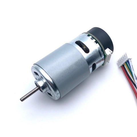 RS-555 Permanent Magnet DC Hall Encoder Gear Motor 6V 12V 24V High Speed Up To 16000 RPM for robotic automations with shaft and wires.