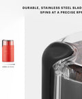 Snag This Sleek Electric Blade Coffee Grinder Featuring Durable Stainless Steel Blades Easy Push Button Control Crystal Clear Lid And Secure Cord Storage For Premium Daily Grinding In Bold Red side view with whole coffee beans visible