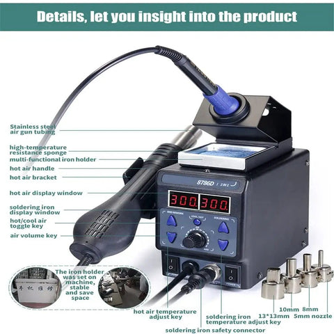 2 In 1 Soldering Station With 700W Hot Air Gun And Soldering Iron, SMD Rework Tool featuring adjustable temperature controls, nozzles.
