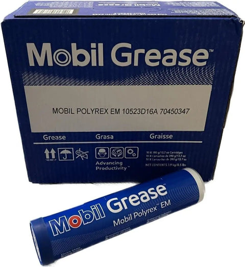 Box and tube of Mobil Polyrex EM grease for electric motor bearings, 13.7 oz, pro-grade lubrication