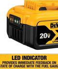 Heavy Duty 20V MAX 5Ah Lithium Ion Battery And Charger Combo Featuring Led Fuel Gauge, with LED indicators and compact design.
