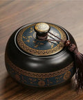 Airtight Ceramic Tea Canister With Silicone Seal Lid For Loose Leaf Coffee Beans Snacks And Nuts Keeps Kitchen Stash Crisp Locks In Flavor Premium Pantry Organizer, decorative design on lid.