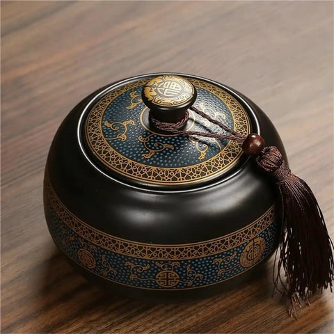 Airtight Ceramic Tea Canister With Silicone Seal Lid For Loose Leaf Coffee Beans Snacks And Nuts Keeps Kitchen Stash Crisp Locks In Flavor Premium Pantry Organizer, decorative design on lid.