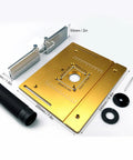 Slick Heavy Duty Aluminum Router Table Insert Plate with built-in miter guide, precision lift system shown with dimensions.