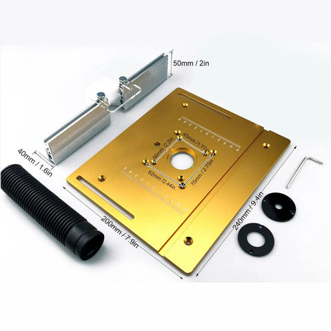 Slick Heavy Duty Aluminum Router Table Insert Plate with built-in miter guide, precision lift system shown with dimensions.