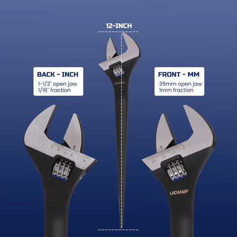 Three Piece Spud Wrench Set Heavy Duty Featuring A Twelve Inch Spud Wrench showing open jaw dimensions