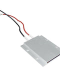 PTC heating element, side view, aluminum shell with red and black leads.