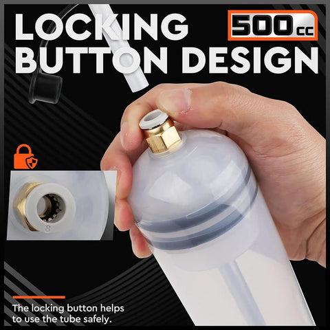 HORUSDY 500cc fluid extractor oil syringe with white plastic body and brass valve, handheld front view