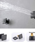 Premium Matte Black Shower Setup With A Heavy Rainfall Head And Adjustable Handheld Sprayer Dual Body Jets Plus Six Function Valve - close-up of body jets.