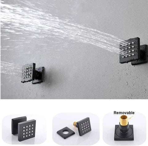 Premium Matte Black Shower Setup With A Heavy Rainfall Head And Adjustable Handheld Sprayer Dual Body Jets Plus Six Function Valve - close-up of body jets.