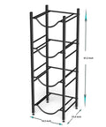 Five Gallon Water Jug Holder Rack Built to Last Heavy Duty Steel 4 Tier Storage Organizer for Kitchen Home Office Pantry Rustproof Black Painted Finish Space Saving and Sturdy Water Bottle Storage shown with dimensions.