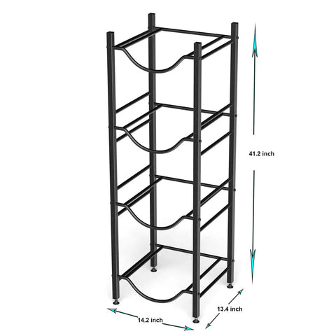 Five Gallon Water Jug Holder Rack Built to Last Heavy Duty Steel 4 Tier Storage Organizer for Kitchen Home Office Pantry Rustproof Black Painted Finish Space Saving and Sturdy Water Bottle Storage shown with dimensions.
